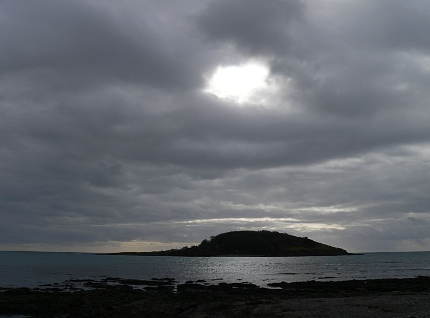 Looe Island grey skies open