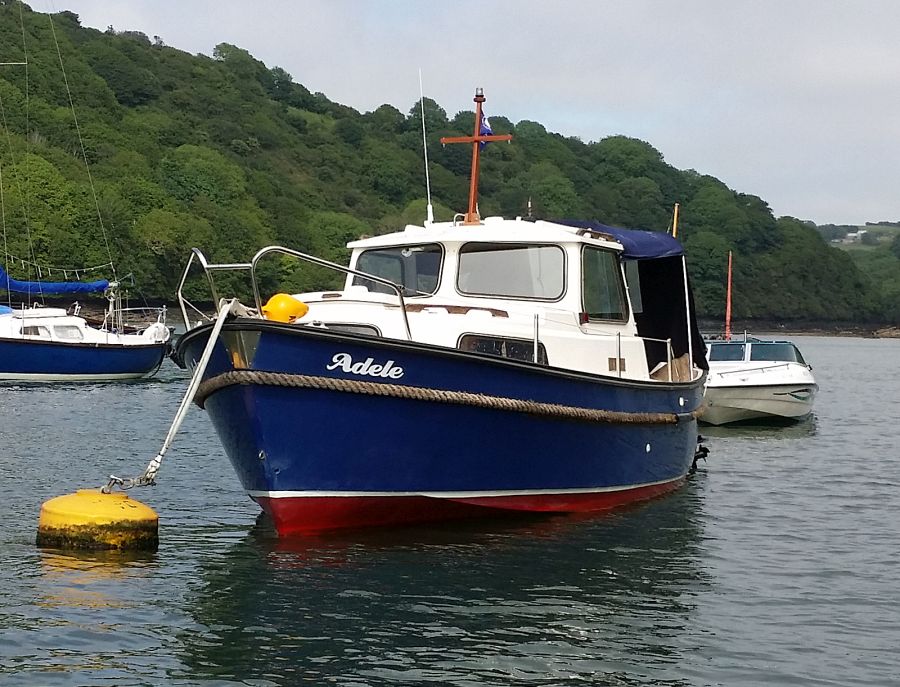 Hardy Family Pilot Adele for sale - shown on her fore and aft mooring in Pont (Fowey)